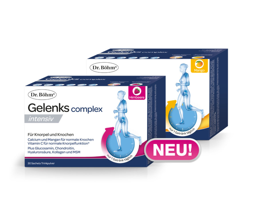 Dr. Böhm® Gelenks complex intensiv mit frischem Mango- oder fruchtigem Himbeergeschmack