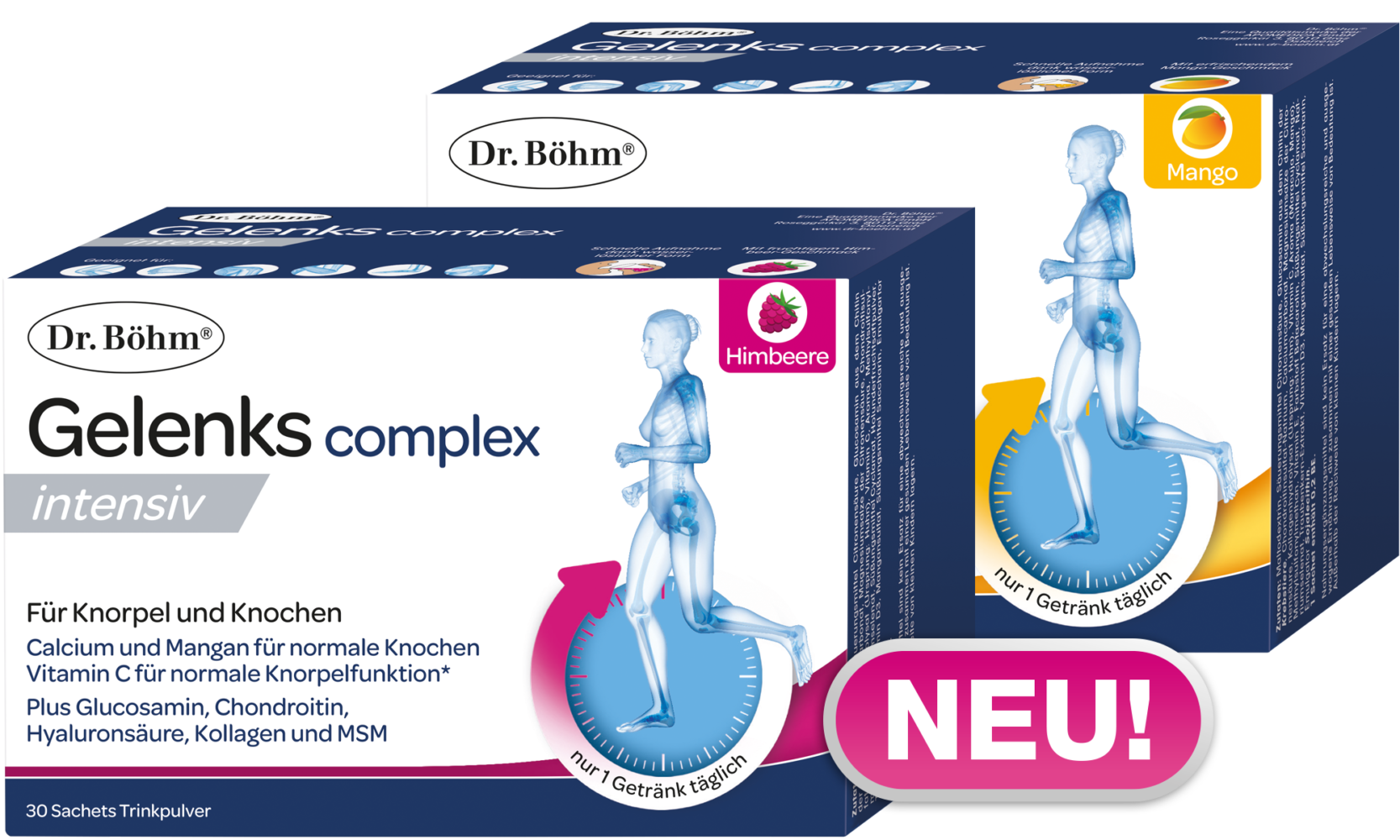 Dr. Böhm® Gelenks complex intensiv mit frischem Mango- oder fruchtigem Himbeergeschmack